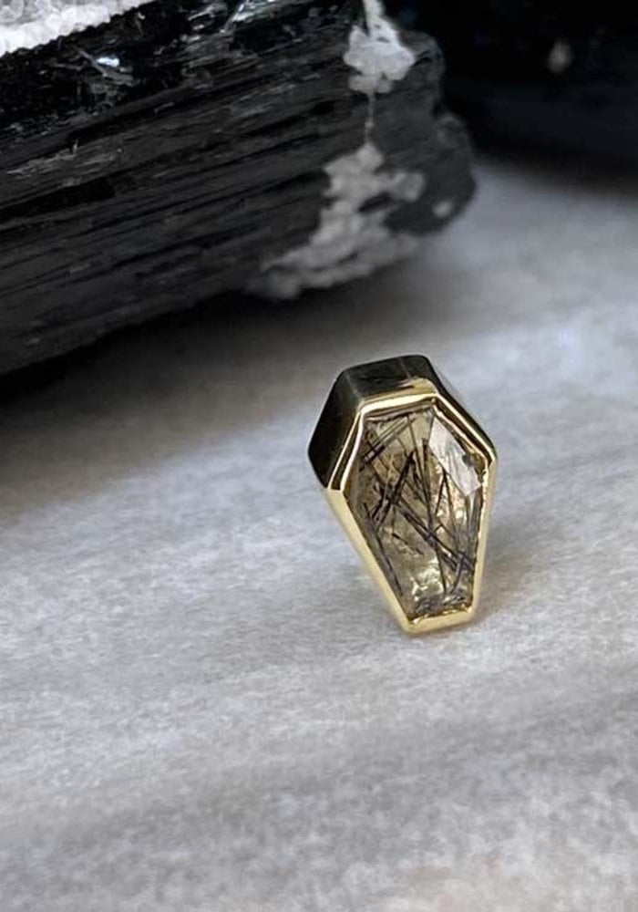 BVLA Coffin Bezel 14K Yellow Gold Genuine Tourmalinated Quartz 7mm x 5mm 14g Threaded