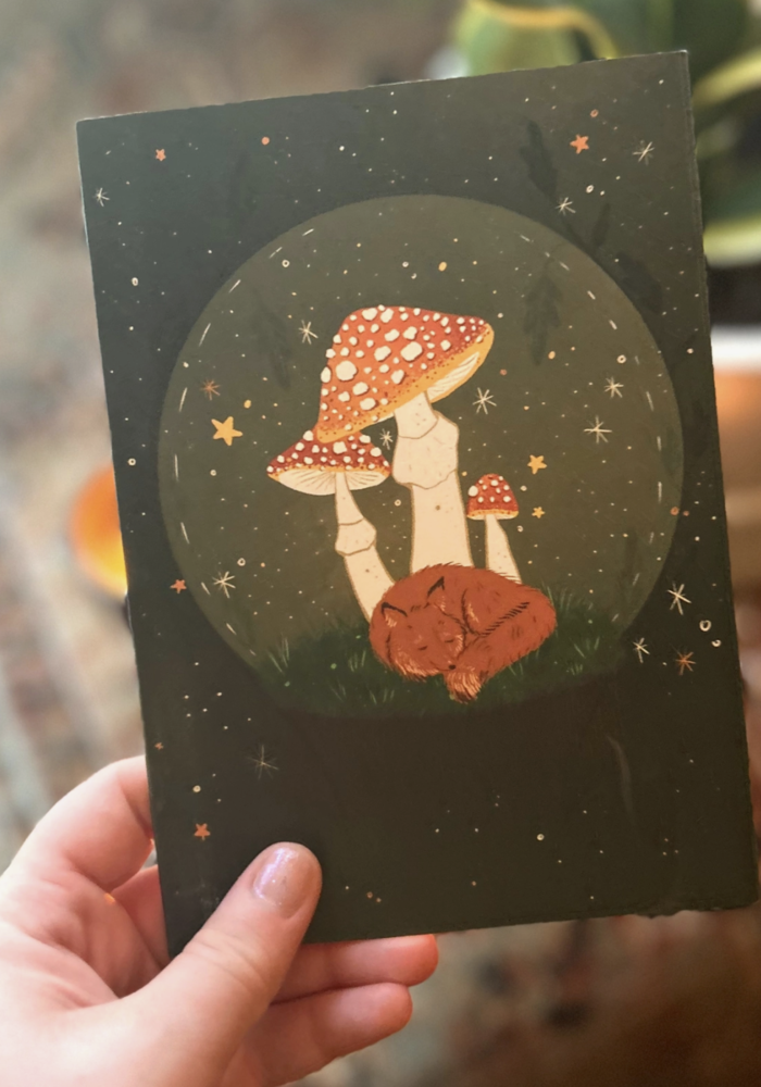 Sleeping Fox & Amanita Muscaria Snow Globe Holiday Card